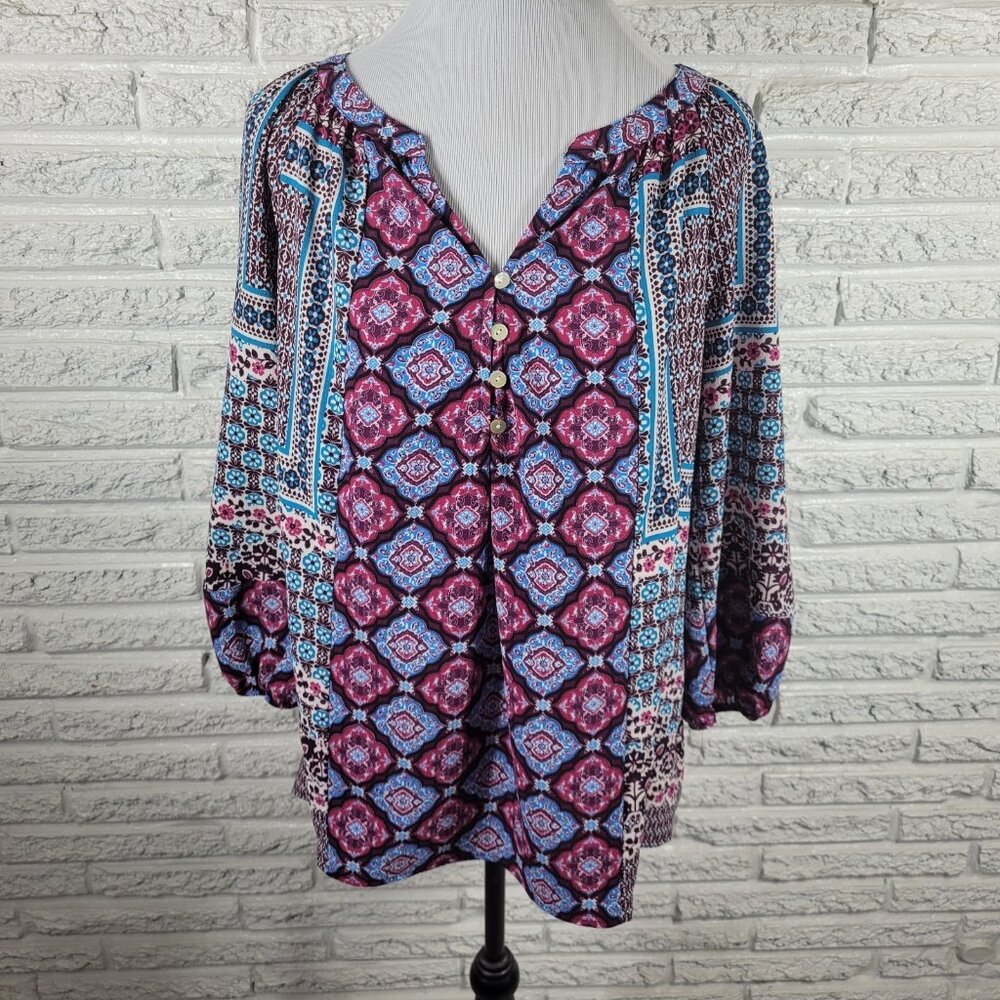 Valerie‎ Stevens Women's XL Top Purple Blue Geometric V-Neck GEO88E